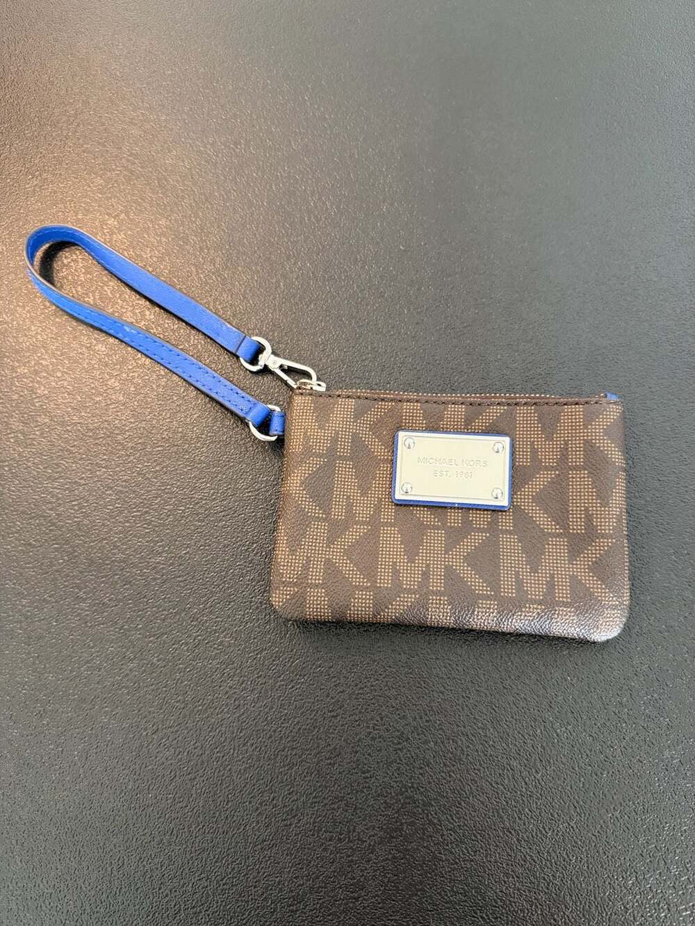 Michael Kors Logo Print Brown and Blue Wristlet Pouch 32T5SJSW1B